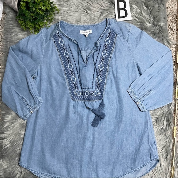 Vintage America Womens BOHO Tunic Top Denim Cotton Modal Embroidered S - Picture 1 of 2